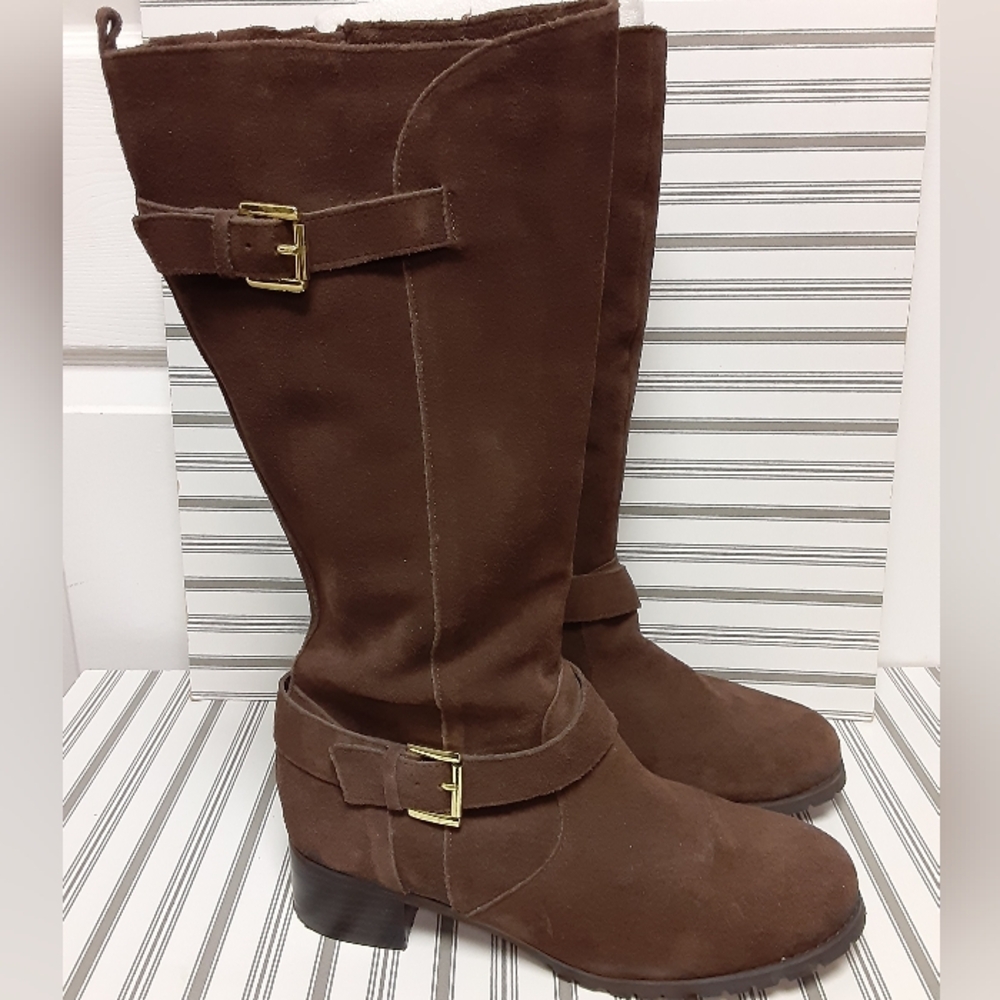 Women Hot in Hollywood Chocolate Brown Suede Leather Knee-High Buckle Wide Boot